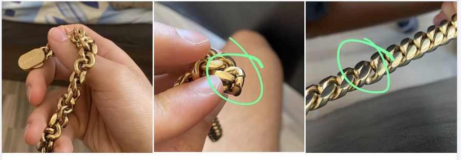Three close-up photographs of a gold Cuban link bracelet, two of them with a green circle drawn around a single link